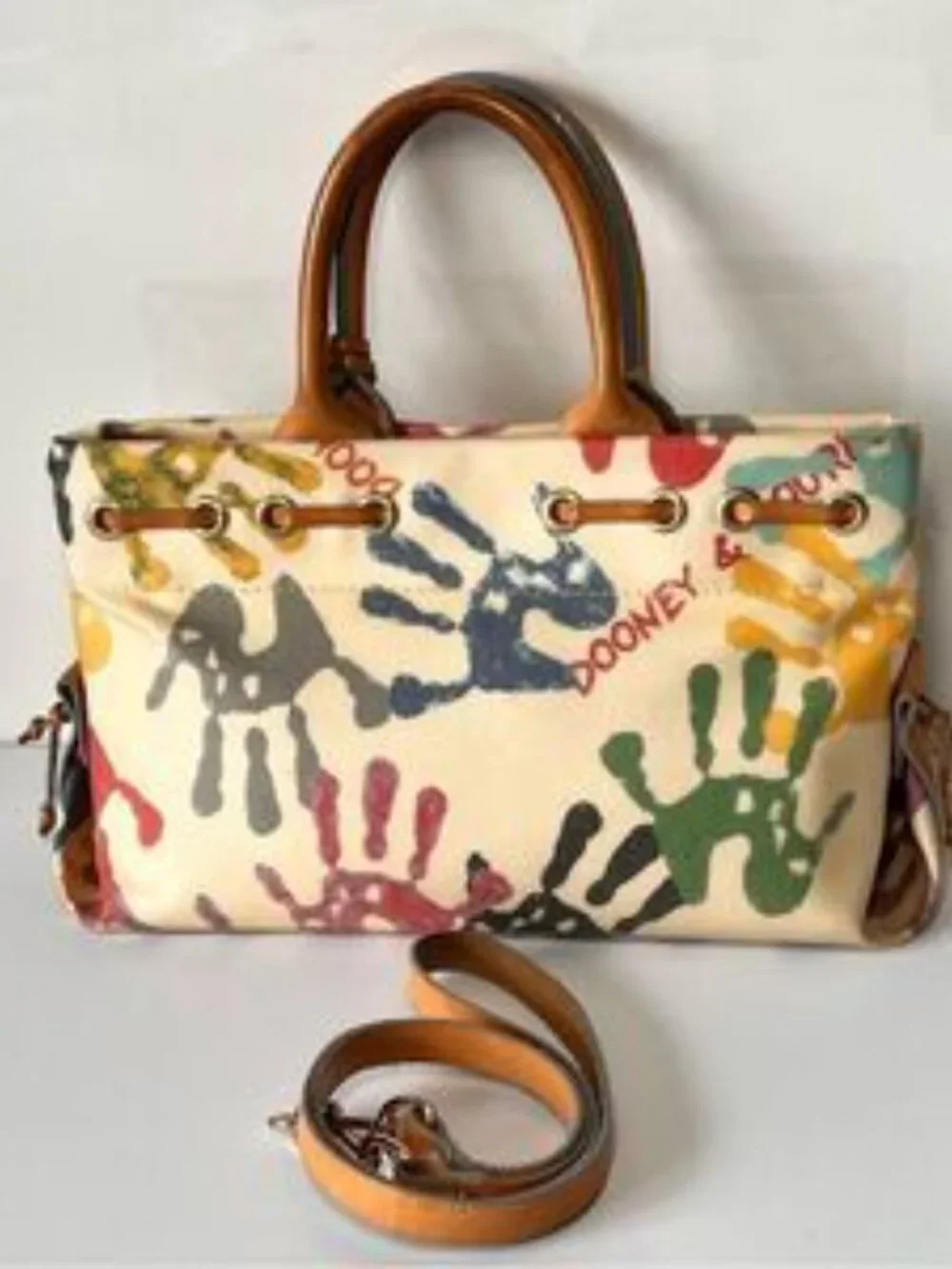 DOONEY & BOURKE Authentic Vintage Y2K Leather Baby Hands Print Tassel Bag